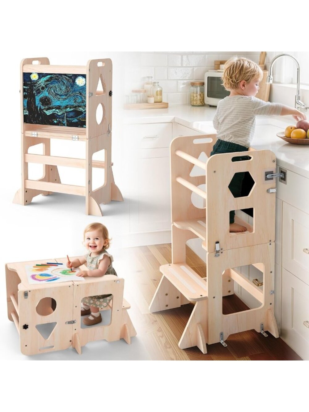 4-in-1 Toddler Kitchen Step Stool & Standing Tower, Foldable, Anti-Tip, Gift for